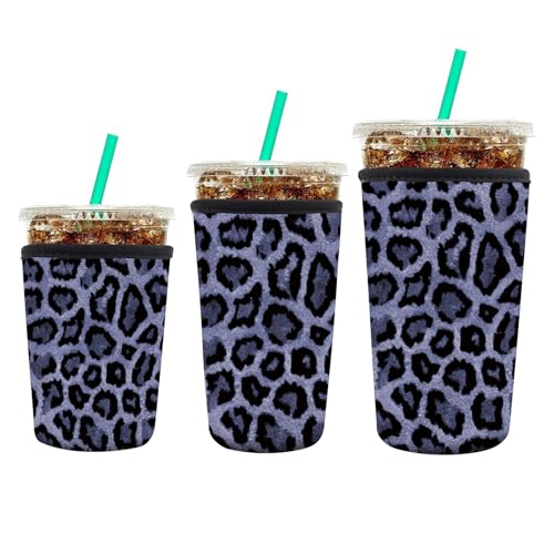 Image of 3 Pack Reusable Neoprene Insulator Sleeve for Iced Coffee Cups, Funny Coffee Cup Sleeves for 16-32oz Coffee cups, Cute Drink Sleeve for Cold Hot Beverages Cute Grey Leopard