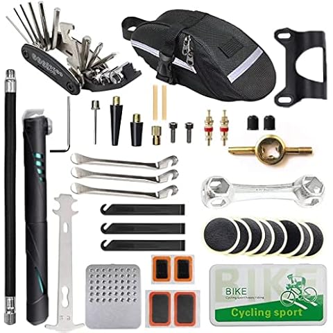 EDIONS Bike Repair Kit, Home Bike Portable Patches Fixes Tool with Bicycle Repair Bag & Bicycle Tire Pump for Mountain Bike and Road Bike Camping Travel Essentials Tool Bag (Mini Pump: Blue) Cover