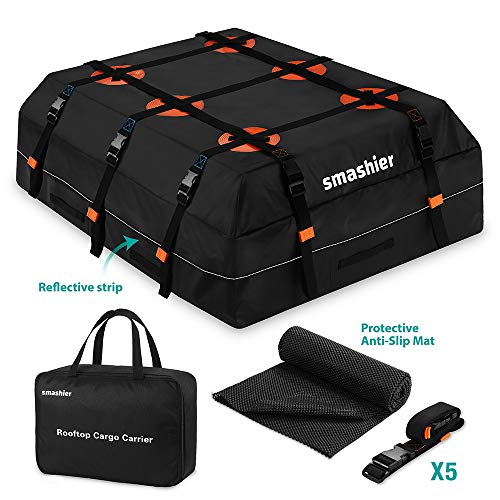 Smashier Car Rooftop Cargo Carrier Bag - 16 Cubic Ft Roof Bag, 100% Waterproof Military Grade Nylon Cordura Fabric, Heavy-Duty Zipper, Night Reflective Strip & Anti-Slip Mat Incl. for Safe Journey