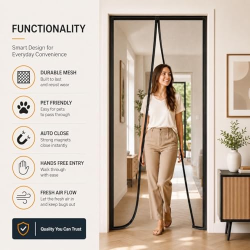Image of Magnetic Mosquito Screen Door Net Curtain with Magnets Reinforced Polyester Curtain Back Door Mesh with All in One Insect Control | Insect Repellent Size 7 feet Black Color