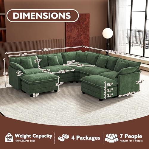 Image of Ihanherry 114 inch V-Shaped Modern Sofa Modular Sectional Cloud Couch with 2 Ottoman, 7-Seat Chenille Deep Seat Sofa with Corner Section for Living Room, Bedroom and Apartment, Green