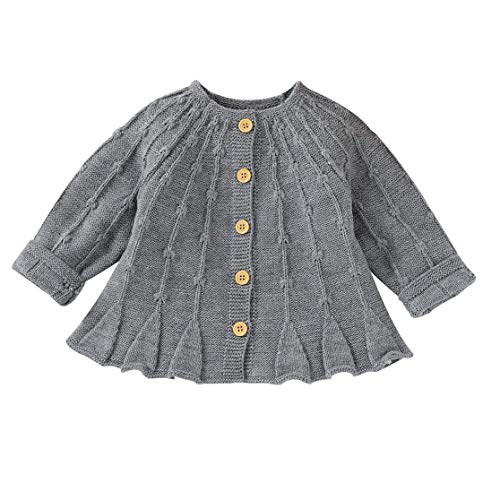 Toddler Baby Girls Fall Winter Cardigan Sweater Long Sleeve Button Knitted Crew Neck Top for Infant Warm Outwear (F# Ruffle- Grey,6-12 Months)