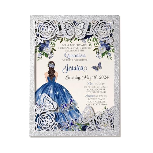 DORIS HOME 50Pcs Glitter Silver Butterfly Quinceanera Invitations 5 x 7