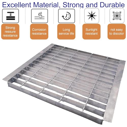 Image of Galvanized Steel Drain Grate with Lip 20x20 in, B-Class 28100 lbs Heavy-Duty Driveway Channel Cover w /Base, Outdoor Trench Drainage Grate, Silver Square Metal Sewer Cover for Garage