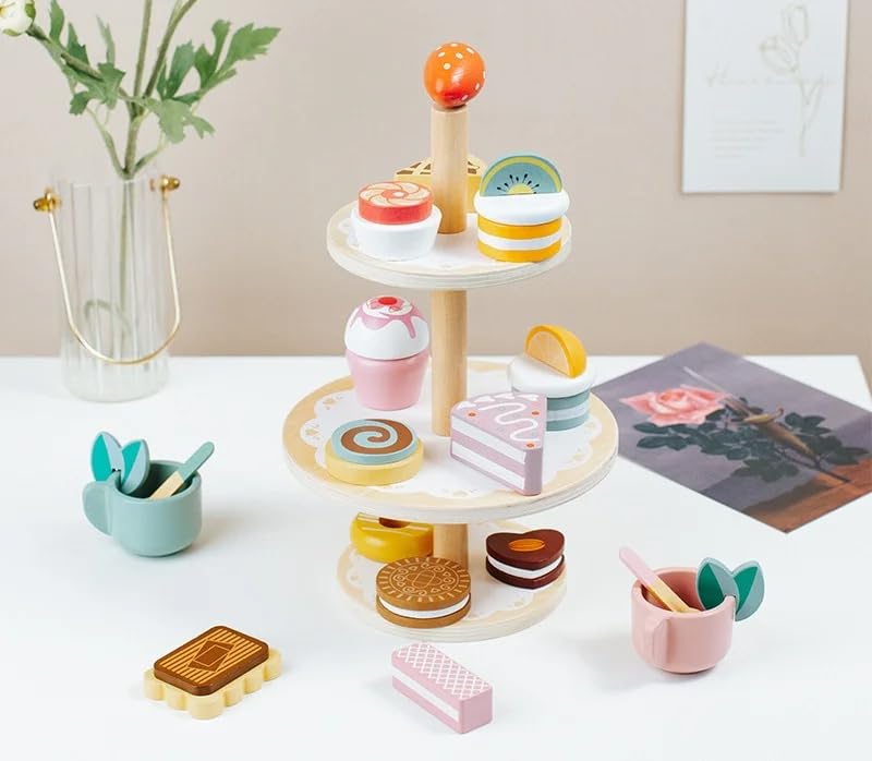 Image of Wooden Afternoon Tea Party Set for Kids- Includes Pastries- Cookies- Cake Rack- Cups & Spoons- Children's Food Play-Kitchen Accessories
