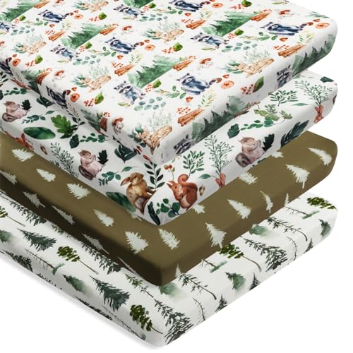 Image of 4 Pack N Play Sheets Woodland Forest Animals Wood Neutral Unisex Fitted Baby N Play Sheets Fitted for Standard Pack and Plays and Mini Cribs Set for Baby Boys or Girls (Raccoon)