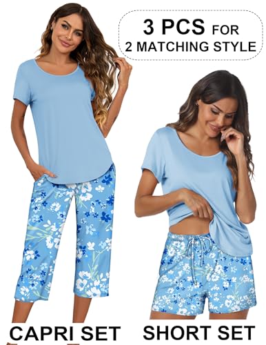 Image of Ekouaer 3 PCS Capri Pajamas for Women Set Short Sleeve Pajama Lounge Sets | Floral Pj Sets Top and Capri Pants Soft Comfy Sleepwear with Pockets for Home, Daily Wear for Mom, Wife, Grandmother