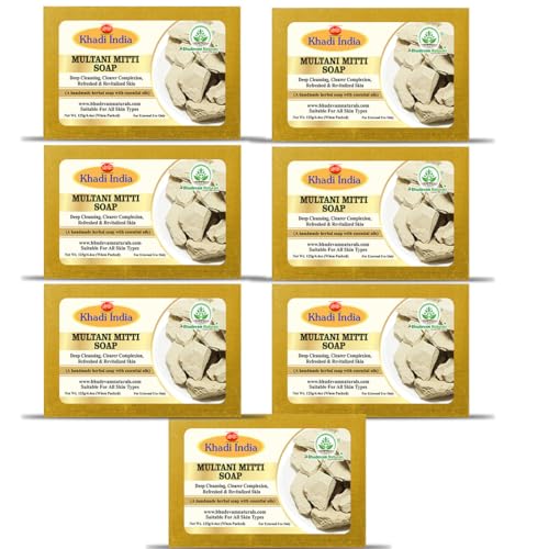 Image of Khadi Organic and Natural Multani Mitti Soap for Oily & Acne-Prone Skin | Deep Cleansing Herbal Bathing Bar with Fuller's Earth By Bhudevam Naturals | Suitable for All Skin Types (Pack of 7)