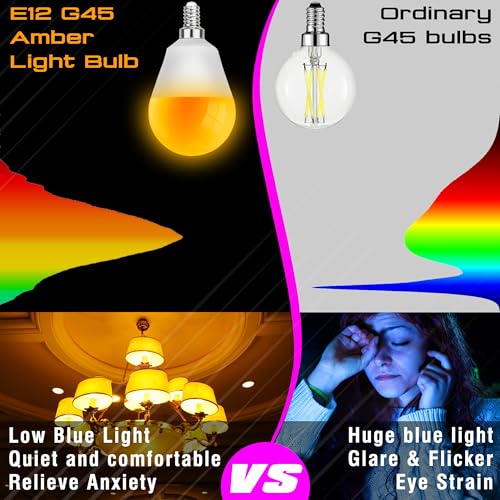 Image of E12 Small Candelabra Base Amber Sleep Light Bulbs,1800K Blue Light Blocking | G45 Warm Night Light Bulbs 25W-40W Equivalent, 3W 300LM E12 Amber Light Bulb for Healthy Sleep, Bedroom, Non-Dimmable, 2 pack