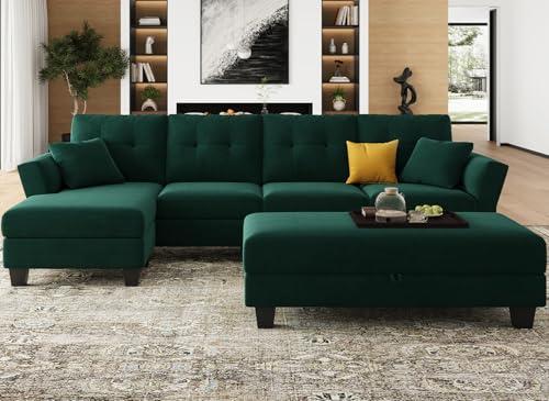 Belffin Velvet Couch Convertible L Shaped Sofa with Reversible Large Ottoman Storage Chaise Sectional Sofa Living Room Furniture (Dark Green, Couch with Ottoman)