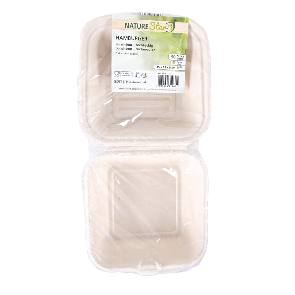 FRANZ MENSCH NATUREStar Bio Hamburgerboxen mit Klappdeckel, 150 x 150 x 85 mm | aus Zuckerrohr, 500 Stück, Einweggeschirr, Menübox Take Away, Klappboxen