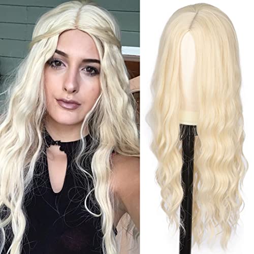 Kalyss 24 Inches Platinum Blonde Curly Wavy Heat Resistant Synthetic Hair Wigs For Women Middle Parting None Lace Front Hair Replacement Wigs #TOP1