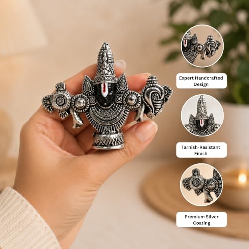 Image of VAMA Lord Balaji Face Idol | Pure Silver-Plated 4-Inch Venkateswara Face Statue | Tirupati Balaji Idol | Elegant Spiritual Showpiece for Devotees | Perfect for Home Temple, Car Dashboard, or Gifting