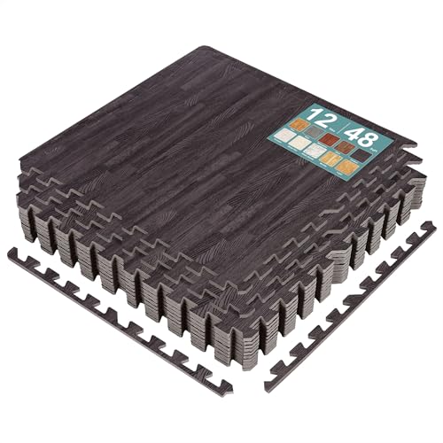 Sorbus 48Sq. Ft. Wood Grain Floor Tiles Foam Mat EVA Interlocking Mats Tile 3/8-Inch Thick Flooring Wood Puzzle Exercise Mats w/Borders - Home Playroom Basement, Apartment, Trade Show, Baby, Dance