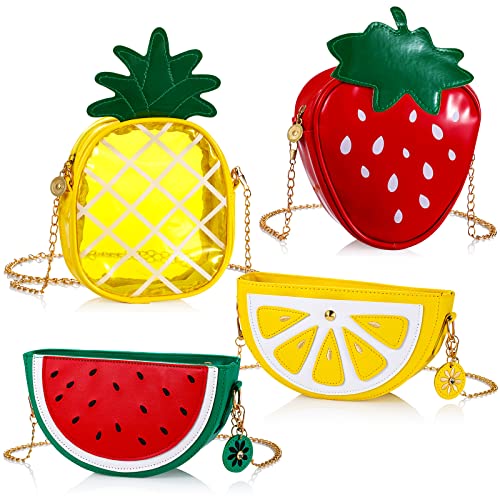 Set of 4 Fruit Shoulder Bag Avocado Orange Lemon Watermelon Shape Shoulder Bag Pineapple Strawberry Crossbody Purse Bag Cute Novelty Fruit Shoulder Mini Bag Purse Wallet for Women (Fresh Style)