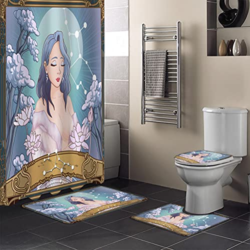 ZDDWLDL 4Pcs Duschvorhänge Set Mit Rutschfesten Teppichen,Toilettendeckel und Badematte Blaubraunes Rosa Blumenmädchen…