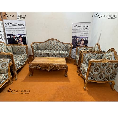 Image of CLASSIC WOOD & CRAFT Luxury Wooden Sofa Set with Center Table | Hand-Carved Solid Teak Wood Sofa Set with Upholstery | Royal Living Room Furniture for Home (Ligh Green Walnut 6 Seater)