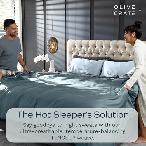Image of Olive + Crate Tencel Lyocell Eucalyptus Full Sheet Set - Cooling Tencel Sheets for Hot Sleepers with 16 Inch Deep Pocket Fit - Double Bed Sheets - Basalt Blue 4-Piece Set