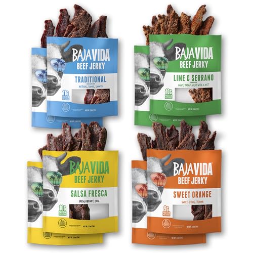 Baja Beef Jerky Sampler Pack - 100% All Natural Beef Jerky, Gluten Free, Low Calorie Craft Jerky, 10g Protein per Serving, No Nitrates or Added Hormones - 8-Pack Variety of 2.5 oz Bag