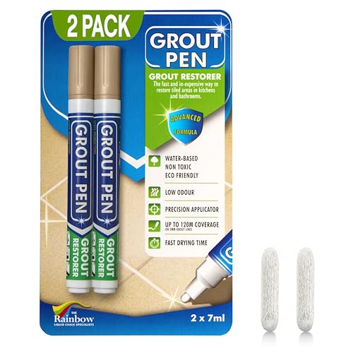Grout Pen Beige Tile Paint Marker: Waterproof Grout Paint, Tile Grout Colorant and Sealer Pen - Narrow 5mm, 2 Pack with Extra Tips (7mL) - Beige
