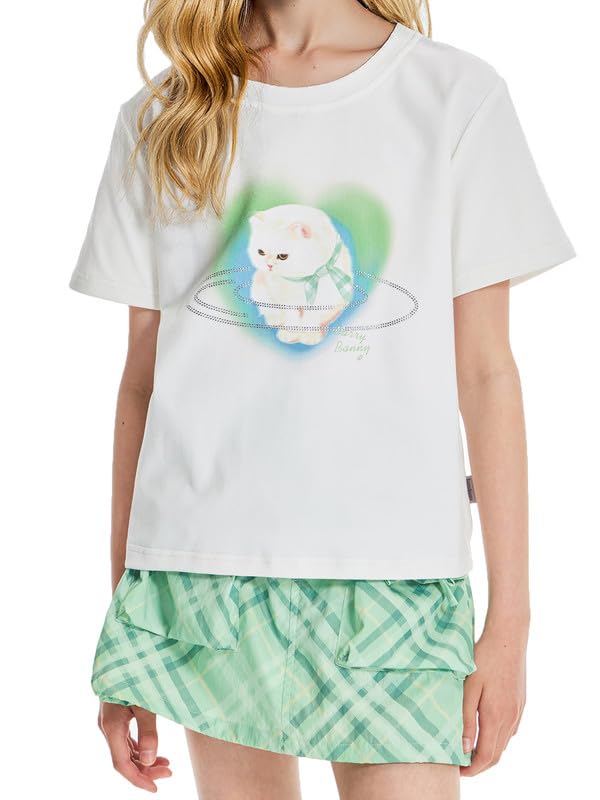 Girls Shirts,White Cat & Green Heart & Sequin Embellished Graphic Tee - Cute Casual Top with Glitter Details 6-16Y