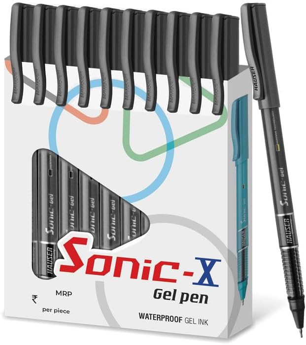 HAUSER Sonic X Gel Pen Card Pack | Water Proof Ink For Smooth Flow System | Comfortable Grip With Smudge Free Writing | Sturdy Refillable Pen | Black Ink, Set Of 10 Pens x 4 Packs