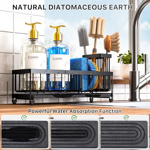 Image of Cisily 10.62'' Sponge Holder for Kitchen Sink, Sink Caddy Organizer with High Brush Holder, Kitchen Countertop Organizers and Storage Essentials, Rustproof 304 Stainless Steel (Black with Stone Tray