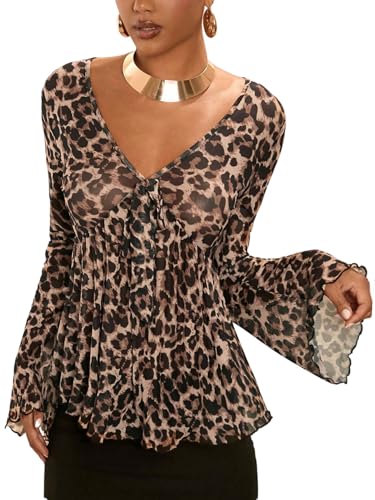 GORGLITTER Damen Bluse Leopardenmuster Langarm Blusenshirt V Ausschnitt Oberteile Langarmshirt Mesh Partytop Herbstblusen Elegant Blusetop Leo M