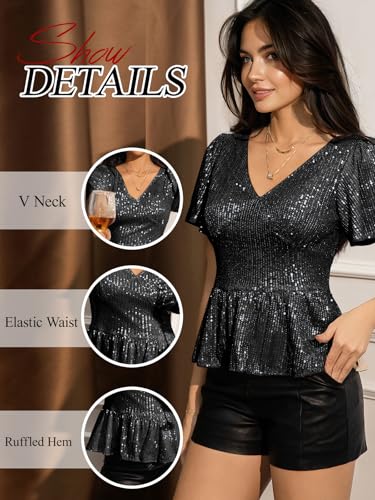 Sequin Tops for Women Sparkly Glitter V Neck Elegant Dressy Sequence Blouses Cocktail Evening Party Peplum Club Shirt3