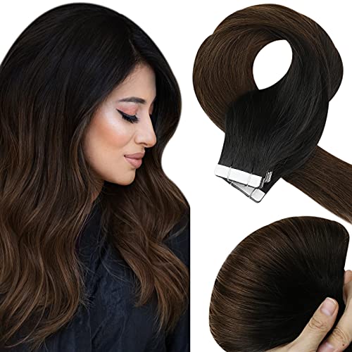 Sunny Black Hair Tape in Extensions Silky Straight Remy Hair Extensions Tape ins Human Hair Ombre Off Black and Dark Brown Tape in Hair Extensions Natural Double Side 22inch 50g 2.5g/pcs