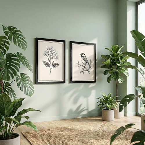 Image of NoWorries Black & White Botanical Bird Wall Art Set of 2 Framed Prints for Living Room Bedroom Office | Vintage Nature Sketch Wall Decor with Wooden Frame (Art-8, 10x13inch)