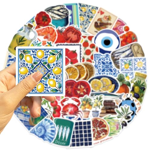 Image of 50Pcs Mediterranean Food Stickers, Cartoon Mediterranean Tomato Food Vinyl Decals for Decor Laptops, WLJIAO Aesthetic Cute Lemon Labels Sticker for Kids Teens Girls DIY Scrapbook Guitar