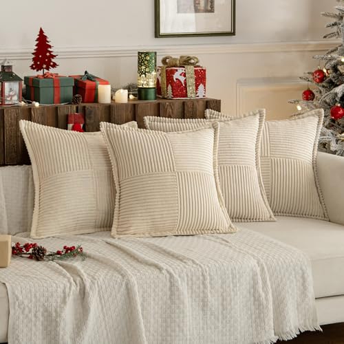 MIULEE Corduroy Cushion Covers Pack of 4 Decorative Modern Patchwork Throw Pillow Covers Soft Pillowcase Cushions for Home decor Sofa Couch with Invisible Zipper 18X18 Inch Beige - Image 3