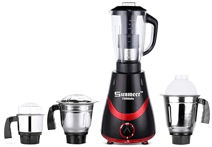 Sunmeet Necklace 750W Mixer Grinder with 3 Stainless Steel Jars and 1 Juicer Jar (1 Wet Jar, 1 Dry Jar and 1 Chutney Jar), Black-RED.Make in India(ISI Certified)