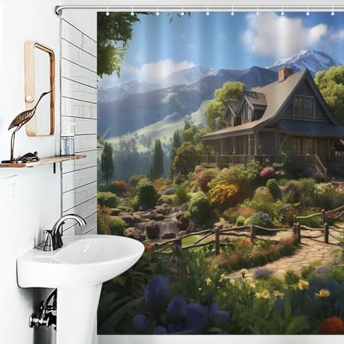Rideau de douche lavable et imperméable en polyester 168x183cm style gîte de montagne