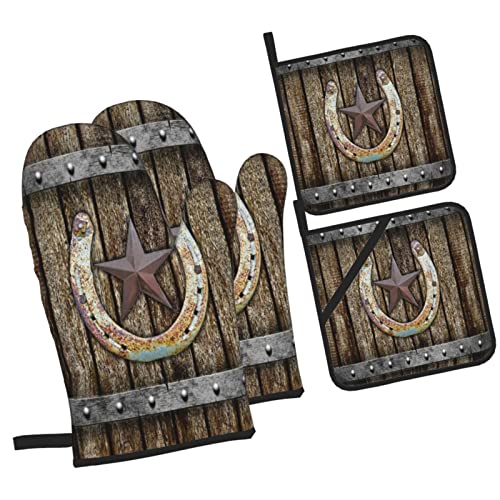 Oven-Mitts-and-Pot-Holders-Sets-of-4-Rustic-Farmhouse-Rusty-Horseshoe-Texas-Star-Vintage-Western-Country-Cabin-Brown-Polyester-Oven-Mitts-with-Oven-Gloves-and-Hot-Pads-Potholders-for-Kitchen-BBQ Oven Mitts and Pot Holders Sets of 4 Rustic Farmhouse Rusty Horseshoe Texas Star Vintage Western Country Cabin Brown Polyester Oven Mitts with Oven Gloves and Hot Pads Potholders for Kitchen BBQ
