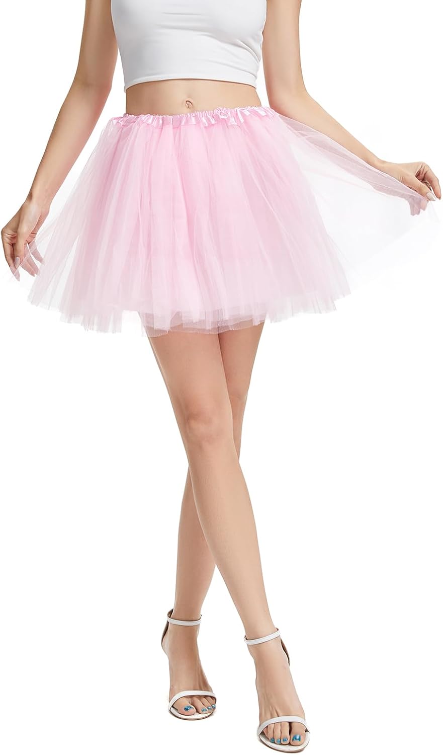 Adult Women's 4 - Layered Fluffy Tulle Tutu Skirt for Ballet, Dance, Halloween & Christmas Costumes One Size Light Pink 1