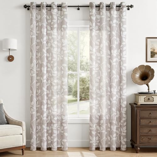 CUTEWIND Rideau Chambre Voile Gris Rideaux Salon 2 Pièces à Oeillets 140cm Largeur x 225cm Hauteur, Rideau Voilage Transparent avec Motif Feuilles Blanches...