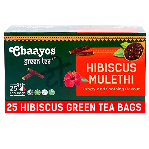 Chaayos Hibiscus Mulethi Green Tea Bags – 25 Pyramid Tea Bags | Whole Leaf Tea | 100% Organic Green Tea | Detox Tea | Tea (25 Tea Bags)