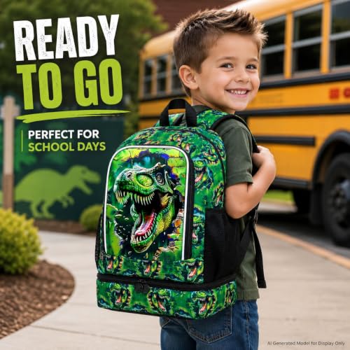 Image of 2 In 1 Dinosaur Backpack for Boys, 17 inch Kids Bookbag with Insulated Lunch Box, School Backpacks for Elementary Preschool Kindergarten (Black)