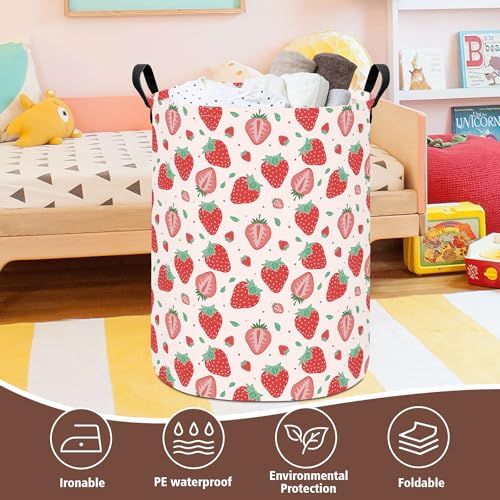 Image of Strawberry Fabric Storage Bin Nursery Organizer Basket | Organizer Bin Dirty Clothes Collapsible Waterproof for College Dorms, Boys and Girls Bedroom,Bathroom