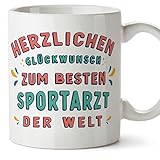 Mugffins Tassen/Becher mit Spruch für SPORTARZT - Auf Deutsch - Glückwunsch du bist der beste - 11 oz / 330 ml - originelles und lustiges Geschenk Mitarbeiter