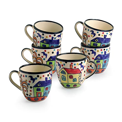 Image of ExclusiveLane 'The Hut Morning Companions' Ceramic Tea Cups Set of 6 for Tea Cups Ceramic (180 ml, Dishwasher & Microwave Safe, Multicolor) |Coffee Cup Set Ceramic Cups Set of 6 Tea Cup Ceramic