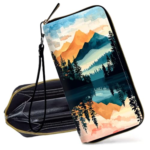 RFID Blocking Wristlet Wallet for Women – Slim PU Leather Zipper Clutch, Cute Credit Card Holder Purse with Wrist Strap for Ladies,Forest and Mountains