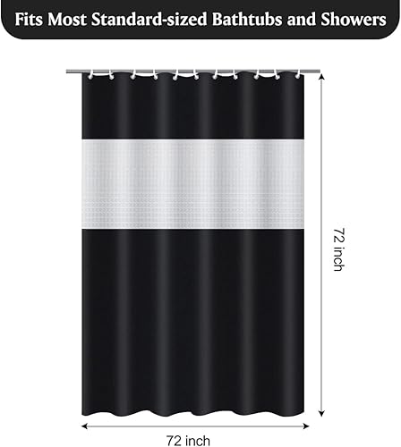 Miniatura 2 de timecity Cortina de ducha de plástico negro de PEVA con 12 ganchos blancos, forro para ventana superior transparente, cortina de baño impermeable