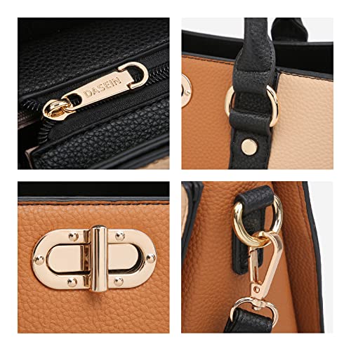 Dasein Women Handbags Top Handle Satchel Purse With Matching Wallet Set 3Pcs (Brown/Beige) #TOP5