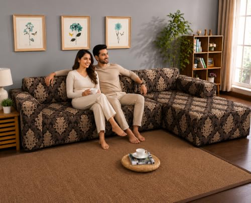 Image of Gifts Island Premium 160GSM Super Soft Brown Damask Stretchable Sofa Cover L Shape 6 Seater Fully Covered | Suitable for Both Left and Right Side Chaise Sofa (Brown Damask, 3+3 Seater)