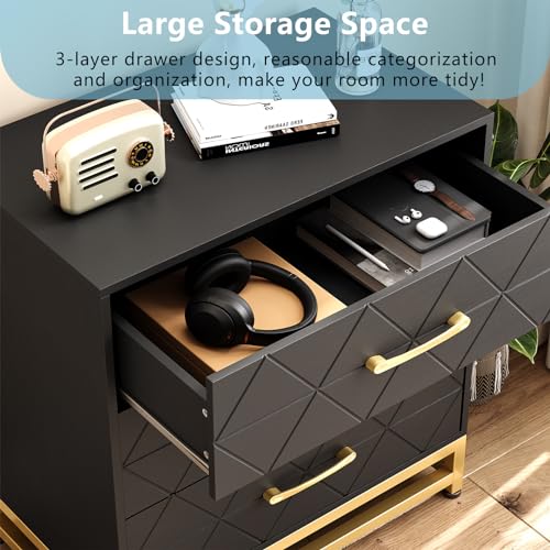 GarveeHome Wooden Dresser for Bedroom, Dressers & Chest of Drawers with 3 Drawer, Wood nightstand for Storage and Organization (Black)