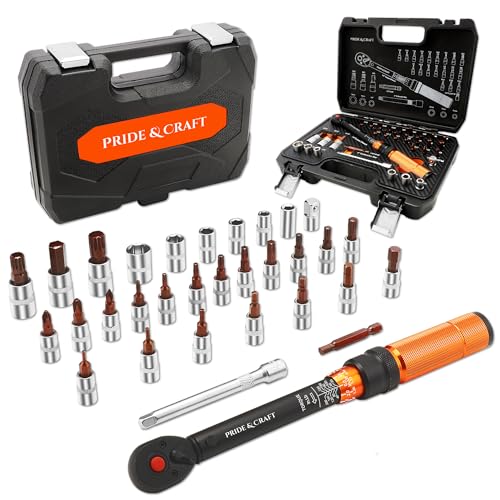 PRIDE&CRAFT 32Pcs Torque Wrench Set, 1/4 Inch Drive, 10-220 IN.LB Inch Pound Click Torque Wrench with Bit Sockets, 3/8 Adapter,Accuracy: ±3% Adjustable Torque Wrench for Bike, Motorcycle, Car