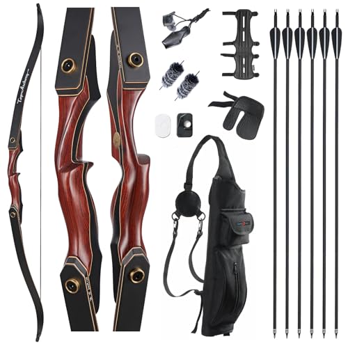 TOPARCHERY Archery 60" Takedown Hunting Recurve Bow and Arrow Set for Adults Practice Competition Longbow Kit with 6pcs Fiberglass Arrows Right Hand Black (50.00)